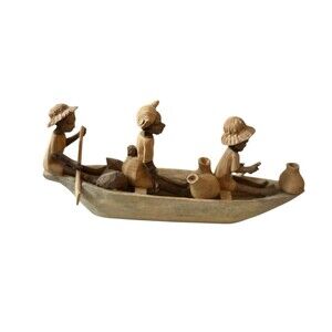 Primitive Ghanian Hand Carved Wooden Canoe Tribesmen Folk Art 8"